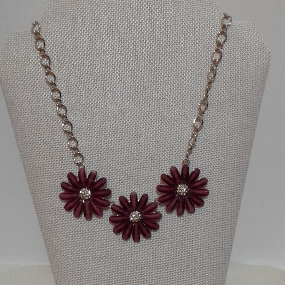 Christopher & Banks Plum Daisy Necklace with Rhinestone Centers - Picture 4 of 5